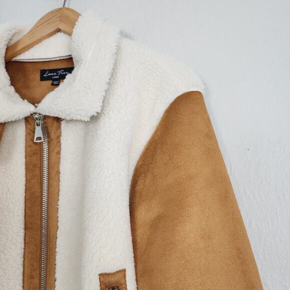 NWOT Love Tree Tan Suede Faux Sherpa Moto Jacket Large - Picture 3 of 11